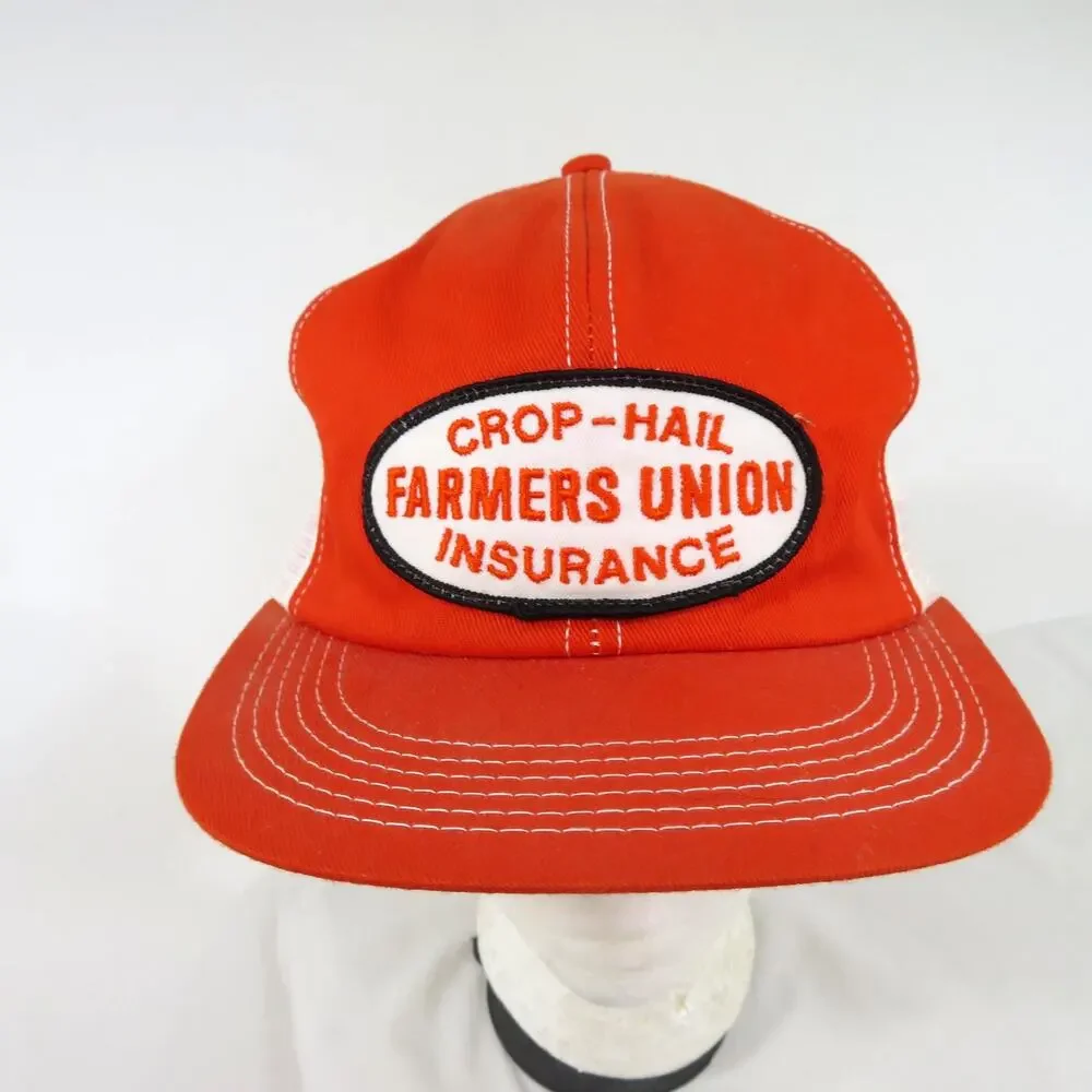 K-Products Hat Farmers Union Insurance Trucker Cap Orange White Snapback NWOT